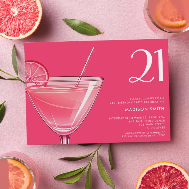 Modern Bright Pink Cocktail 21st Birthday Invitation (Creator Uploaded)
