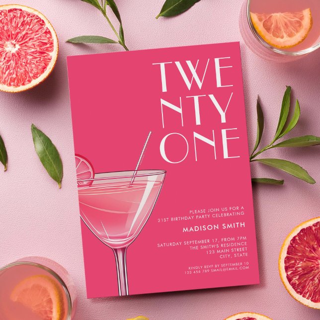 Modern Bright Pink Cocktail 21st Birthday Invitation (Creator Uploaded)