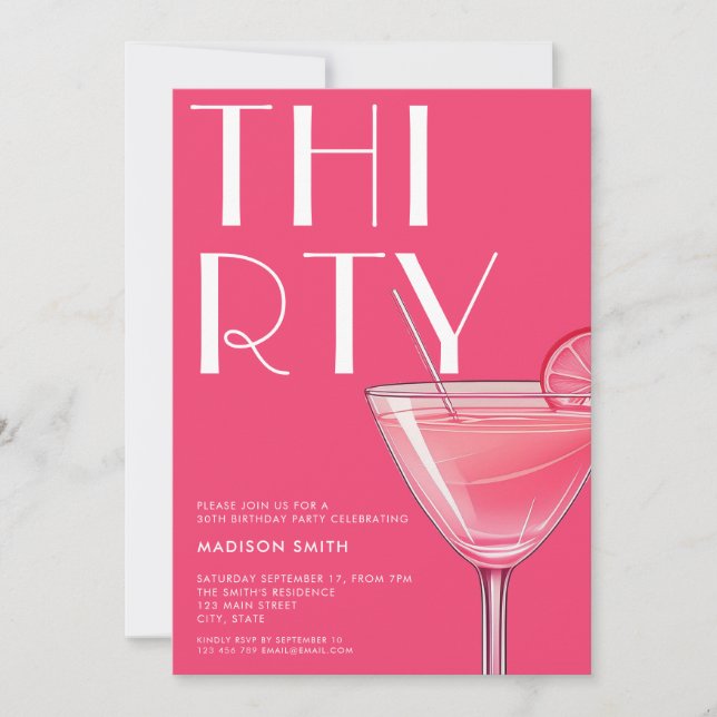 Modern Bright Pink Cocktail 30th Birthday Invitation (Front)