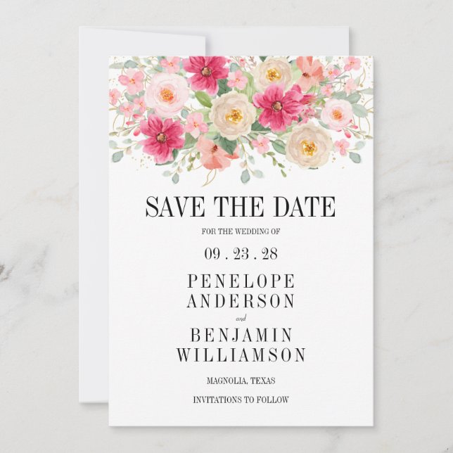 Modern Bright Pink Floral Wedding Save The Date (Front)