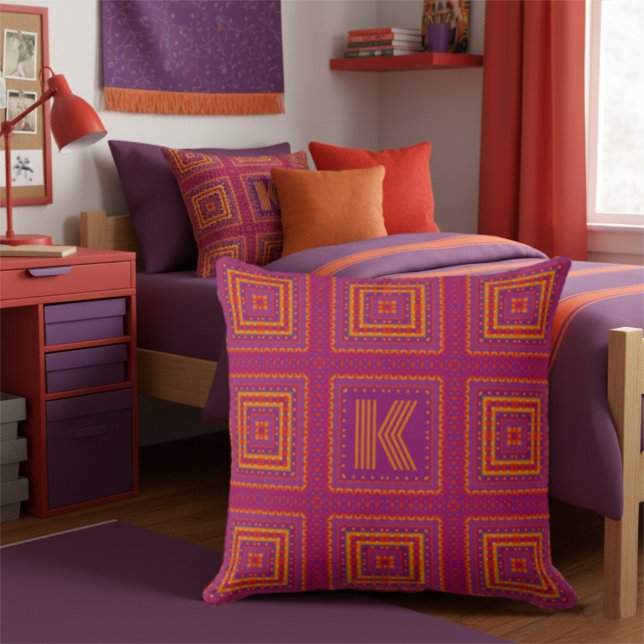 Modern Bright Pink Geometric Cushion (Gorgeous modern boho pillow with customizable initial for a perfect touch to that dorm room.)