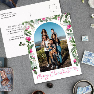 Modern Bright Pink Greenery Arch 1 Photo Holiday Postcard