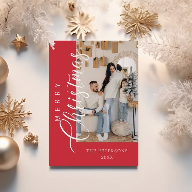 Modern Bright Pink Photo Christmas Greeting Silver Foil Holiday Card (Modern Bright Pink Photo Christmas Greeting Silver Foil Holiday Card on a table with golden decor.)
