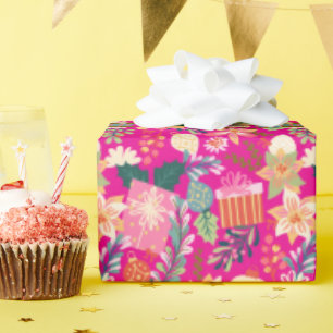 modern bright pink retro christmas holiday wrapping paper