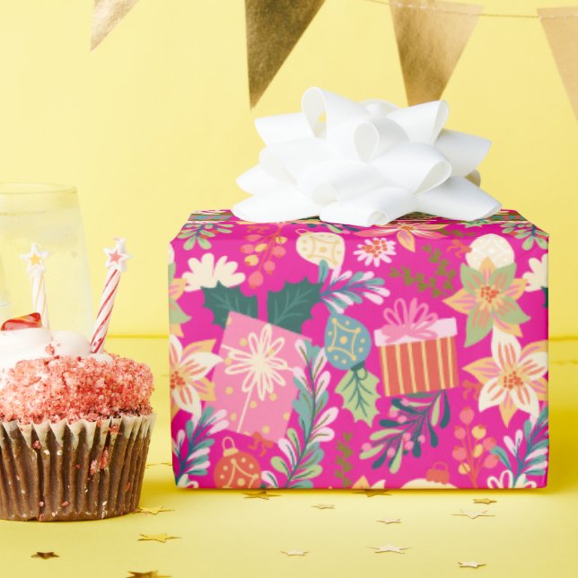 modern bright pink retro christmas holiday wrapping paper (Birthday Party)
