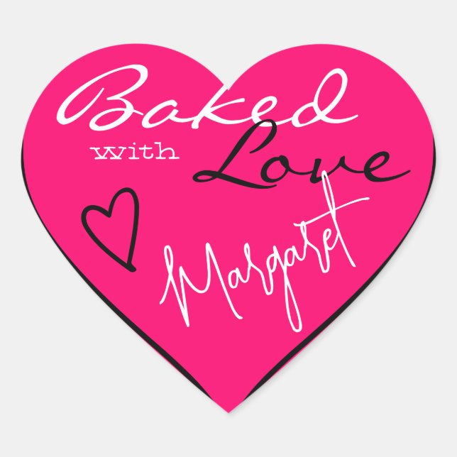 Modern Bright Pink White Baked with Love Heart Heart Sticker (Front)