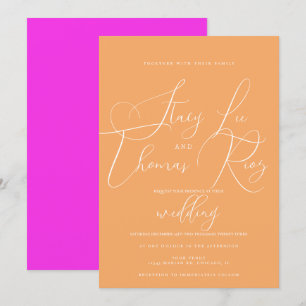 Modern Bright  Pretty Script Orange Pink Wedding Invitation