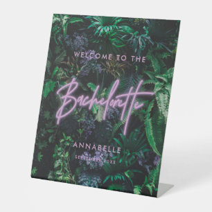 Modern bright purple girly neon bachelorette  pedestal sign