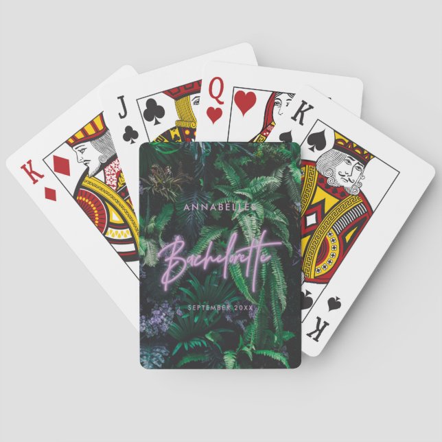 Modern bright purple girly neon bachelorette  playing cards (Back)