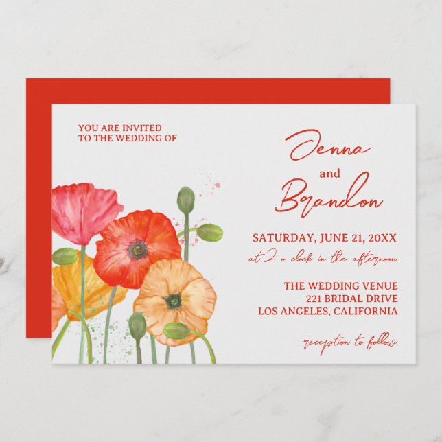 Modern Bright Red Poppy Floral Wedding Invitation (Front/Back)