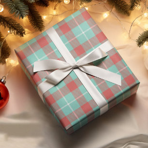 Modern Bright Red Teal White Holiday Plaid Gift Wrapping Paper