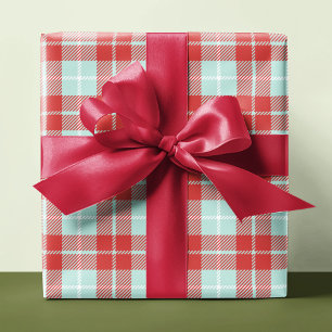 Modern Bright Red Teal White Holiday Plaid Gift Wrapping Paper