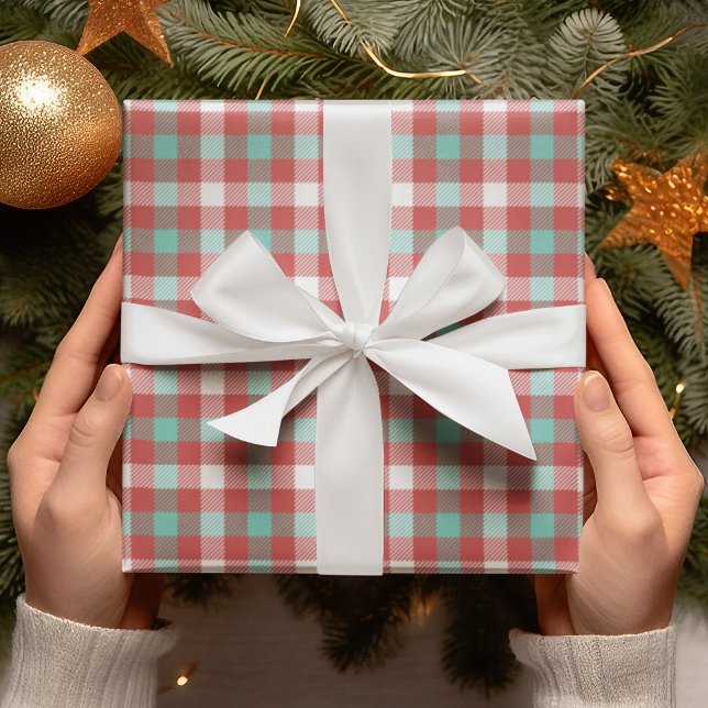 Modern Bright Red Teal White Plaid Holiday Gift Wrapping Paper (Creator Uploaded)