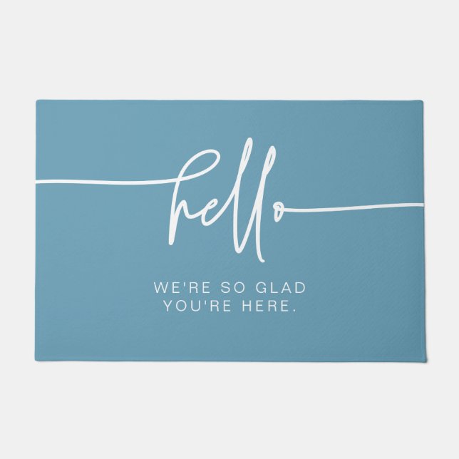 Modern Bright Sage Blue Hello So Glad You're Here Doormat (Front)