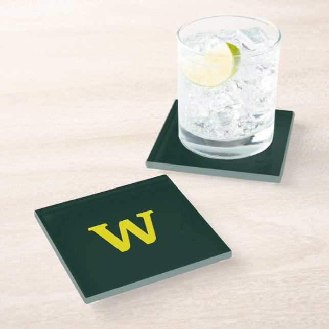 Modern bright yellow initial lettering  glass coaster (Angled)