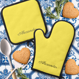 Modern Bright yellow template, Black Script Oven Mitt & Pot Holder Set
