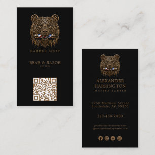 Modern Bronze Bear Barber Shop Logo Qr Code Business Card