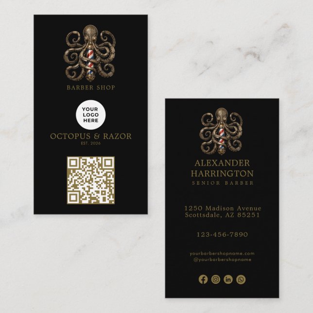 Modern Bronze Octopus Barber Shop Logo Qr Code Business Card (Front/Back)