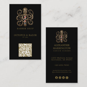 Modern Bronze Octopus Barber Shop Logo Qr Code Business Card