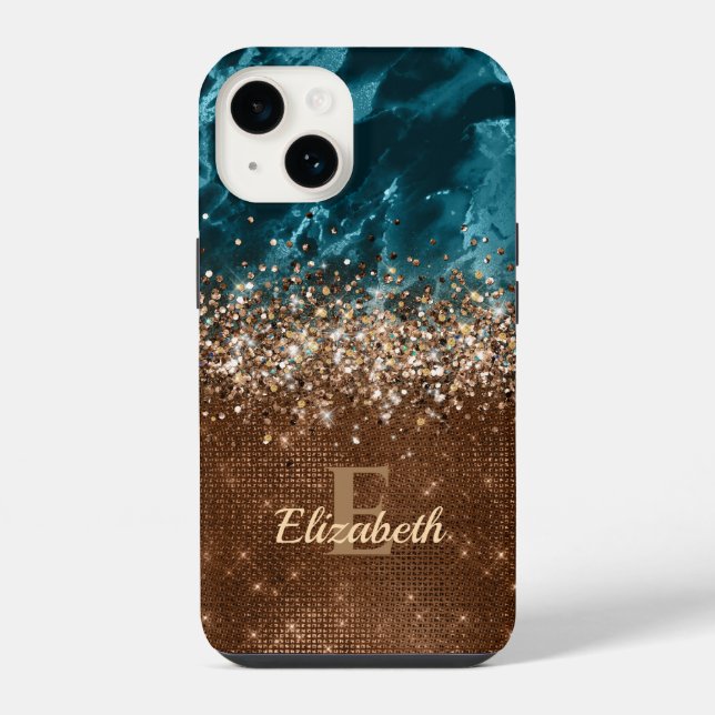 Modern Bronze Turquoise Glitter Marble monogram iPhone Case (Back)