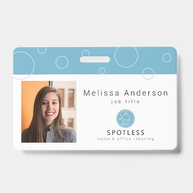 Modern Broom Logo Blue Cleaning Service ID Photo Badge (Front)