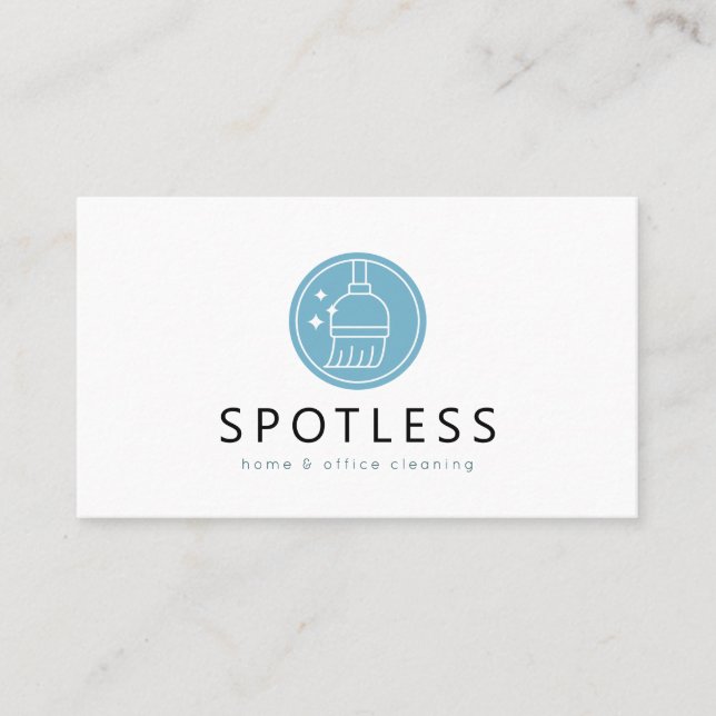 Modern Broom Logo Light Blue Cleaning Service Maid Business Card (Front)