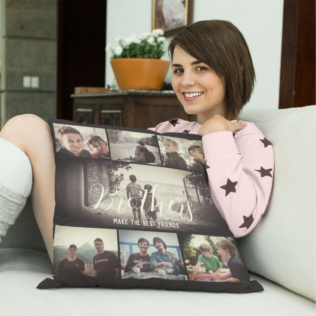 Modern Brother Best Friends Dark Photo Collage Cushion (Creator Uploaded)