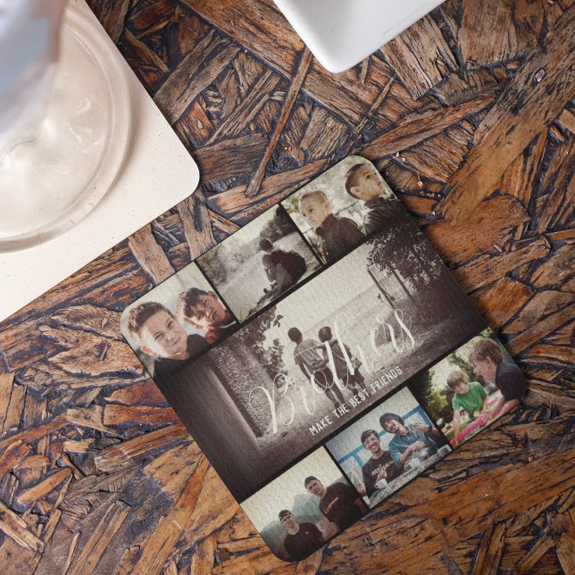 Modern Brother Best Friends Dark Photo Collage Square Paper Coaster (Creator Uploaded)