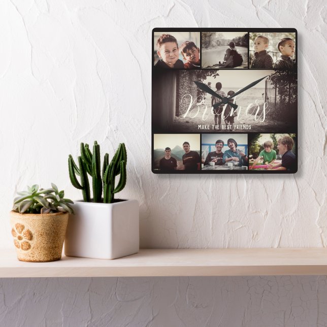 Modern Brother Best Friends Dark Photo Collage Square Wall Clock (Creator Uploaded)