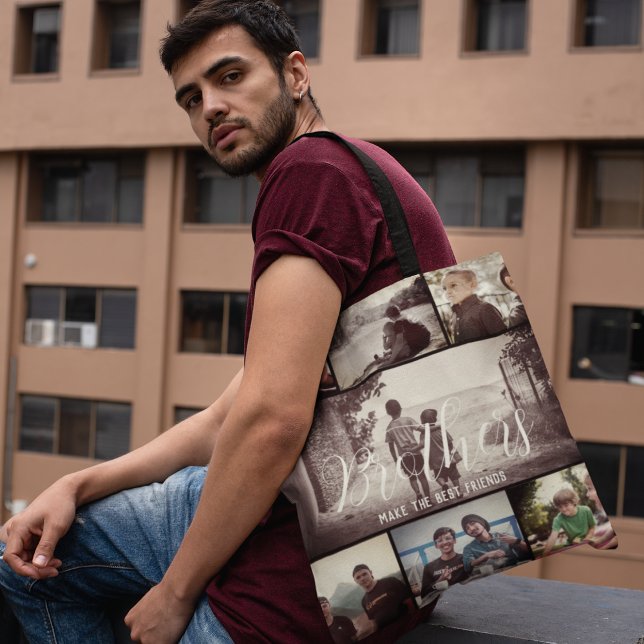 Modern Brother Best Friends Dark Photo Collage Tote Bag (Creator Uploaded)
