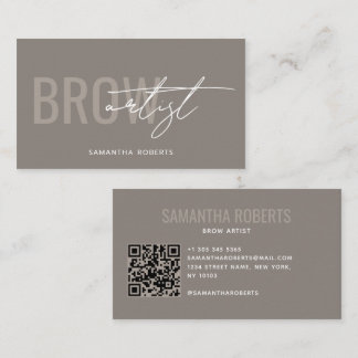 Modern brow artist QR Code taupe Business Card