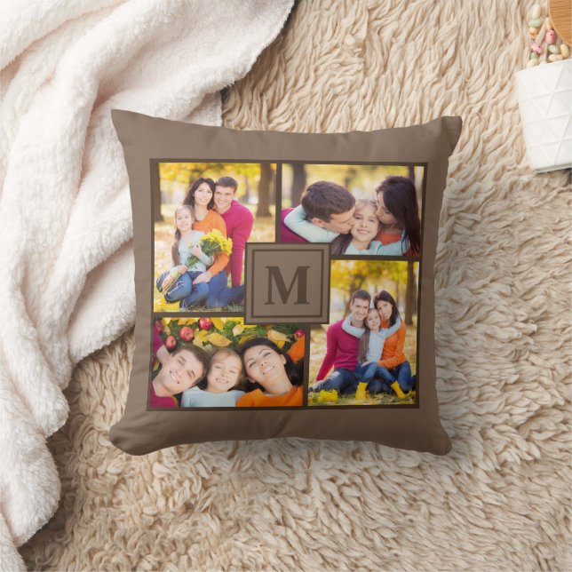 Modern Brown 4 Family Photo Collage Monogram Cushion (Blanket)