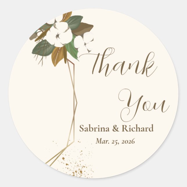 Modern Brown And Cream Floral Thank You Favours Classic Round Sticker (Front)