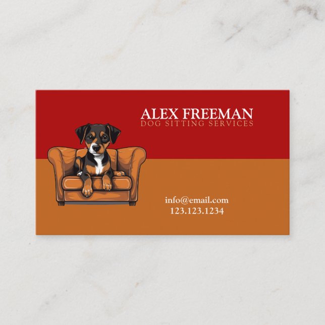 Modern Brown and Red Sofa Puppy Dog Sitting Business Card (Front)