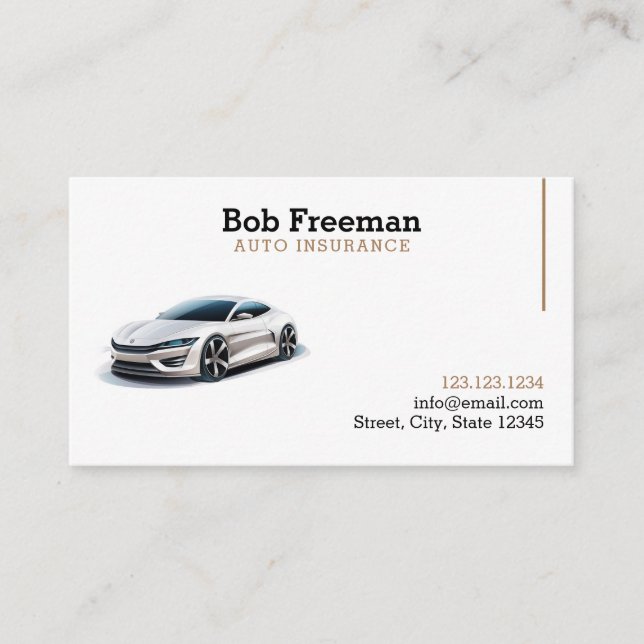 Modern Brown and White Automobile Insurance Business Card (Front)