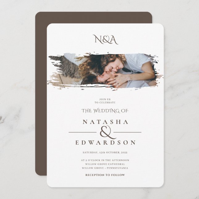 Modern Brown and White Stroke Photo Wedding Invitation (Front/Back)