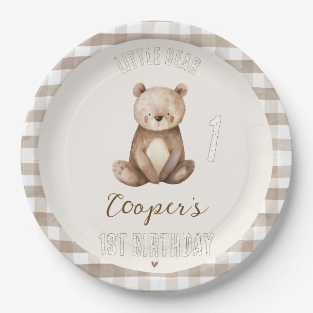 Modern Brown Arch Our Little Bear 1st Birthday Paper Plate (Front)