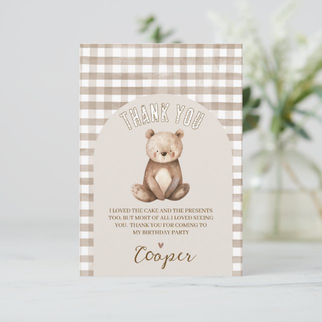 Modern Brown Arch Our Little Bear Birthday Thank You Card (Standing Front)