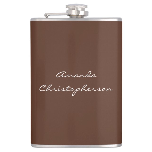 Modern Brown Background Script Add Name Hip Flask (Front)