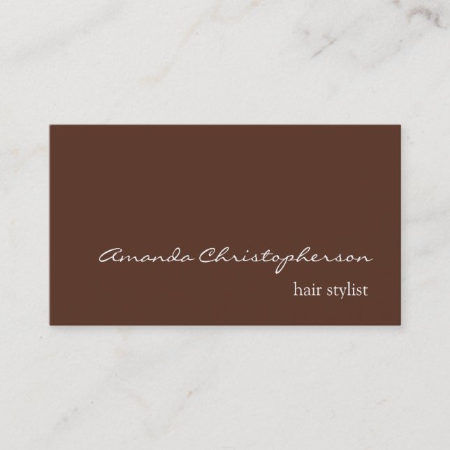 Modern Brown Background Script Hair Stylist Business Card (Front)