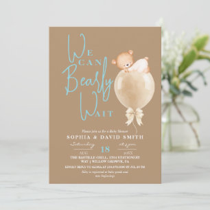  Modern Brown Bear Balloon Boy Baby Shower Invitation