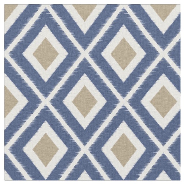 Modern Brown Beige and Navy Blue Ikat Pattern Fabric (Close Up)