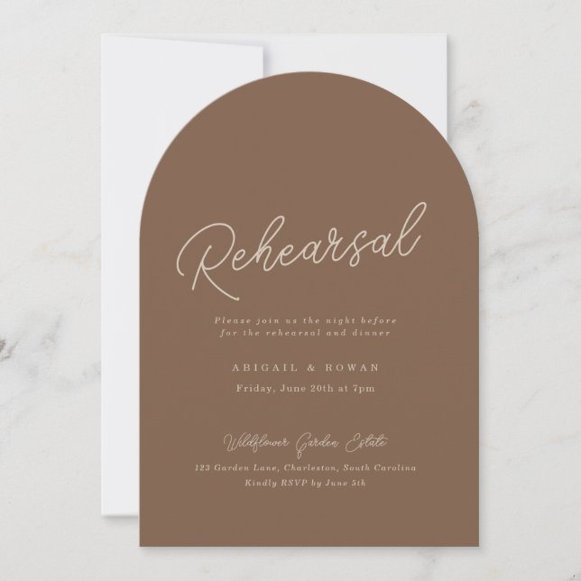 Modern Brown Beige Arched Rehearsal Dinner Invitation (Front)