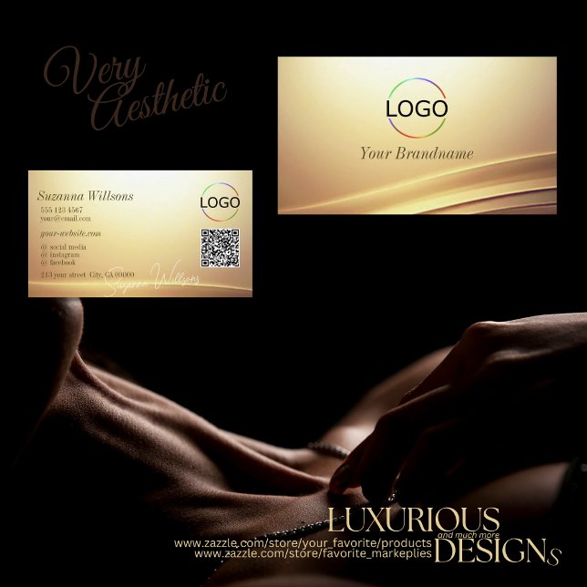 Modern Brown Beige Curve Decor with Logo QR Code Business Card (Creator Uploaded)