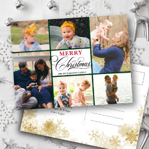 Modern Brown Beige Elegant Script Gold Snowflakes Holiday Postcard