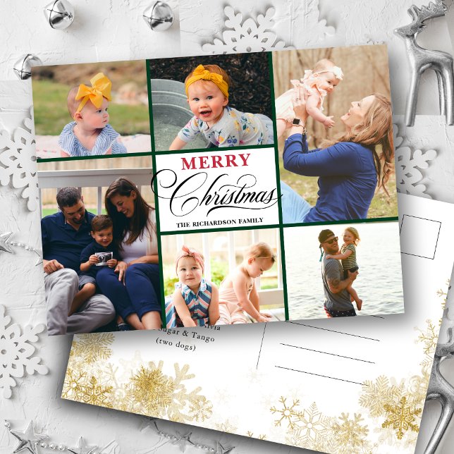 Modern Brown Beige Elegant Script Gold Snowflakes Holiday Postcard (Creator Uploaded)