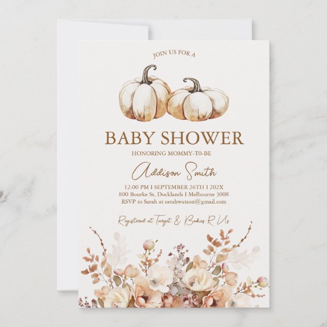 Modern Brown Beige Floral Pumpkin Baby Shower Invitation (Front)