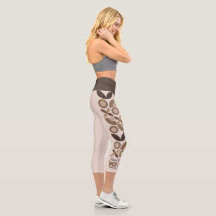 Modern Brown Beige Geometric Pattern Yoga  Capri Leggings