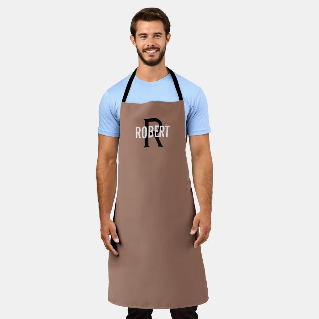 Modern brown black monogram name apron (Worn)