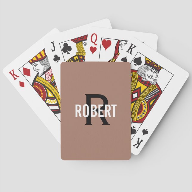 Modern brown black monogram name playing cards (Back)